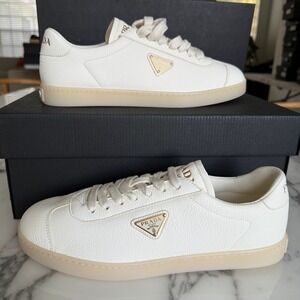 Prada Downtown White Pebbled Leather Men's Sneakers 2EE394, UK 7.5